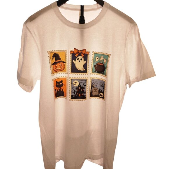 Halloween Postage Stamp Large White Graphic Tee features a Witch, Ghost, Haunted - Picture 5 of 6